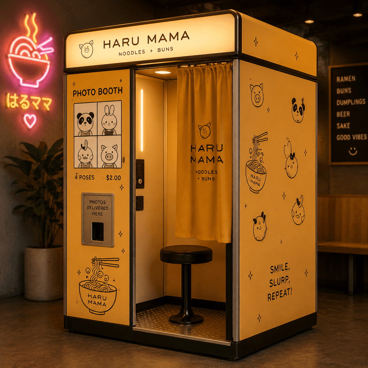 IRL snaps booth installed at Haru Mama, wrapped in custom branding